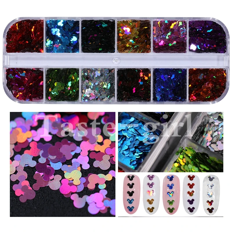 1 Set 12 Colors 3D Ultrathin Sequins Nail Glitter Flakes Sparkly DIY Tips Dazzling Paillette Nail Art Decorations Mickey design