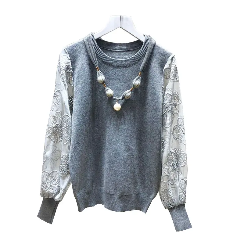 LUOSHA Women Autumn Winter Knitted Embroidery Flower Lace Patchwork Pullovers And Sweater Female Jumper Pull Femme Top | Женская одежда
