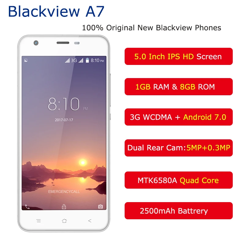 Blackview A7 3g смартфон 5 дюймов Android 7 0 1 ГБ Оперативная память 8 Встроенная 4 ядра