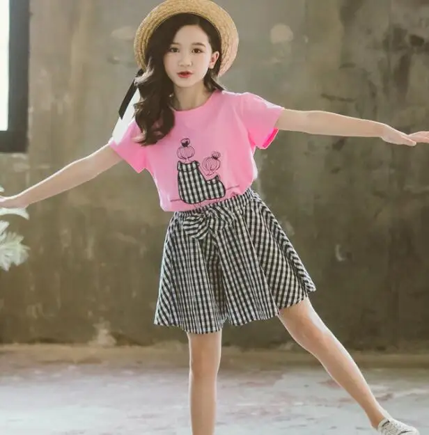 tees shorts set 01 Летний комплект одежды из 2 предметов для девочек 4, 6, 8, 10, 12, 14 лет, летняя хлопковая Футболка г. Клетчатые костюмы, шорты, наряды ensemble fille - Цвет: tees shorts set 01