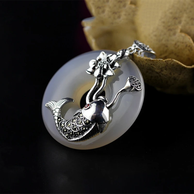 Женский винтажный кулон из серебра 100% пробы с белым нефритом|fine jewelry|jewelry necklace