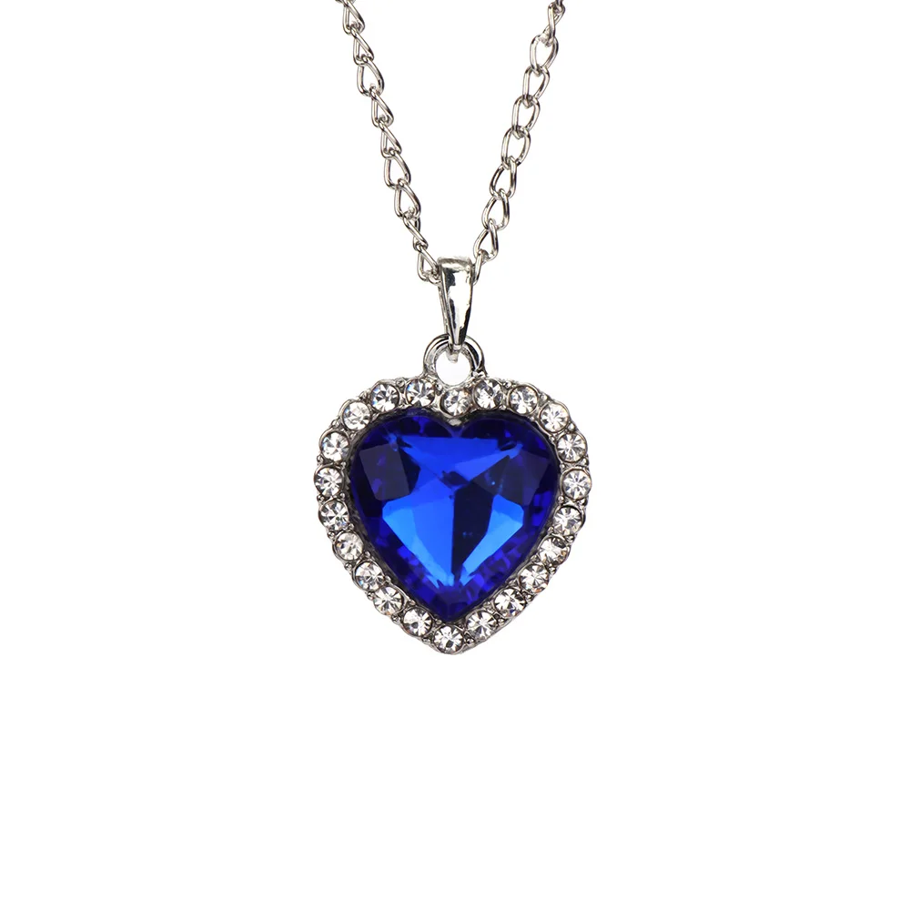 blue Мода океана сердце кулон ожерелье s для женщин розовые синие прозрачные стразы посеребренный металл колье ожерелье ювелирные изделия подарок - Окраска металла: blue