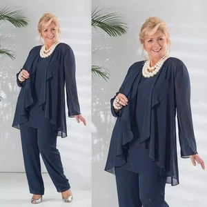 2021 Mother of the Bride Pant Suits Dark Navy Three Pieces Chiffon Long Sleeve Jacket Pants Suit Plu