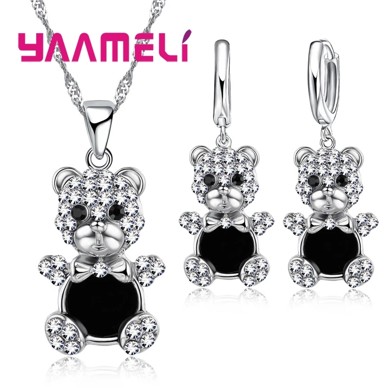 Lovely Bear Pendant Necklace Earrings for Women Female 925 Sterling Silver Austrian Crystal Bridal Jewelry Sets | Украшения и