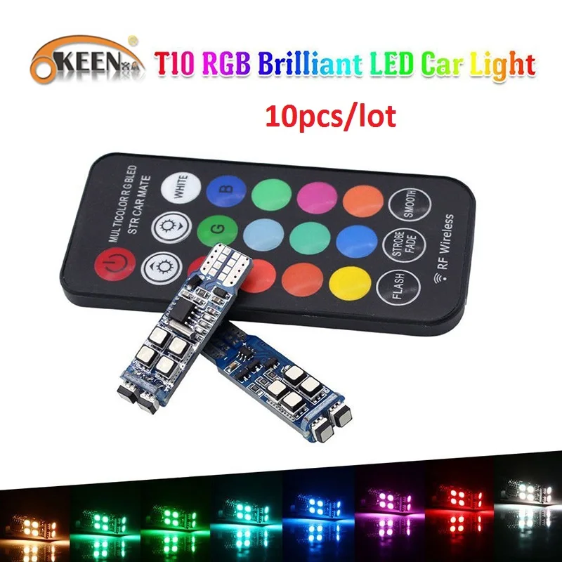 OKEEN 10 шт. удаленного Управление T10 W5W 3535 10SMD автомобиля светодиодный RGB Интерьер
