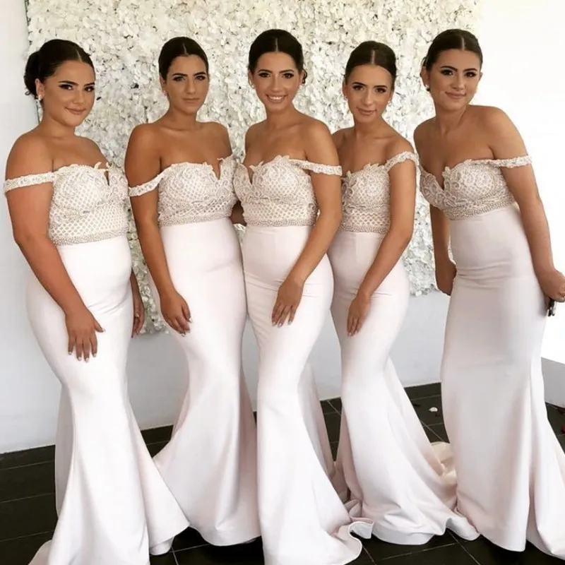 

Off The Shoulder Lace Applique Pearl Beaded Satin Mermaid Bridesmaid Gowns Pink Cheap Bridesmaid Dresses Fast Shipping