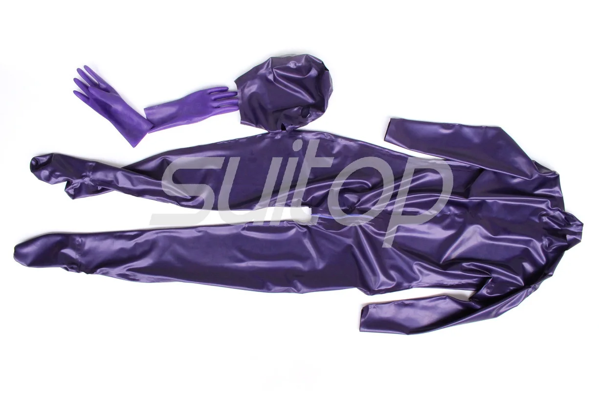 Латекс полное покрытие zentai с застежкой-молнией сзади включая носки капюшоны перчатки отделены в металлик Фиолетовый