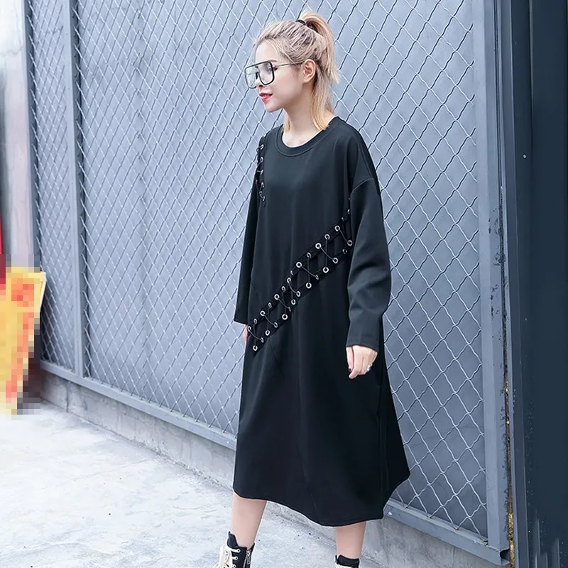 VGH Autumn Dresses For Women Round Neck Long Sleeve Casual Loose Black Women's Midi Dress Female Large Sizes 2018 Fashion Tide | Женская