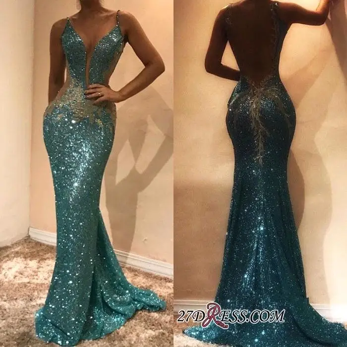 Stunning Spaghetti Straps Mermaid Prom Dresses Long 2019 Sexy Open Back Sequins Appliques Party Dress Special Occasion Wear | Свадьбы и