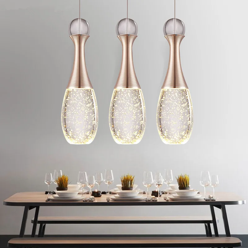 modern minimalist led bubble Champagne Gold crystal pendant light warm romance bedroom dining room three bar hang lamp 110-240V