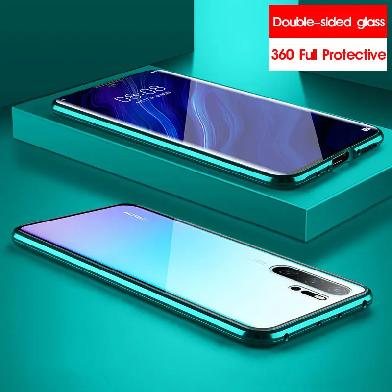 Green Двойной изогнутый 360 чехол на весь корпус для huawei P30 Pro P20 P20Pro P30Pro, магнитный металлический бампер и переднее закаленное стекло - Цвет: Green