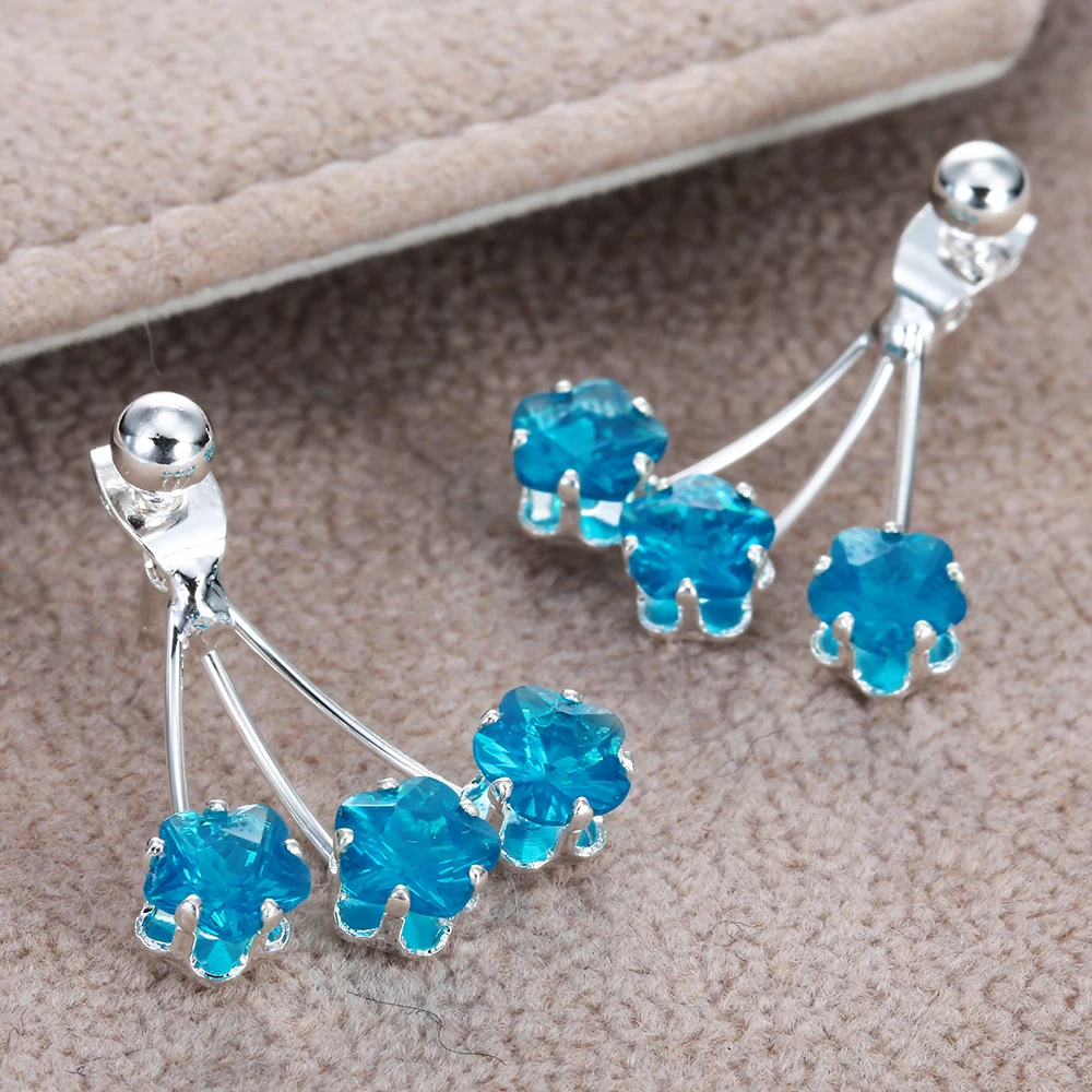 Женские серьги СЕРЕЖКА Hainon модные с цветком из кристаллов синего и розового