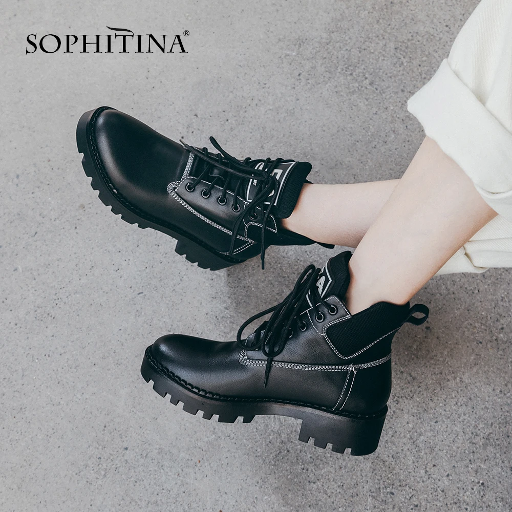SOPHITINA/удобные ботинки с круглым носком новая модная обувь из коровьей кожи без шнуровки на квадратном каблуке женские ботильоны специального дизайна, MO252