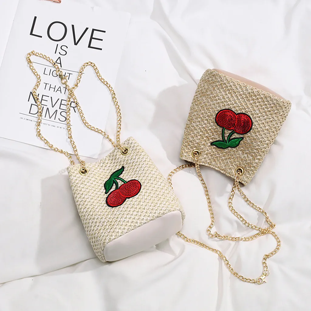 Женская Соломенная Сумка милая сумка-ведро с вишенкой повседневная сумка через