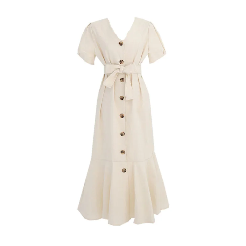 elegant dress Элегантное длинное женское платье, милая одежда с коротким рукавом в корейском японском стиле, одежда для свиданий, Темпераментная Женская Рубашка-Платье на пуговицах с оборками 5331 - Цвет: elegant dress