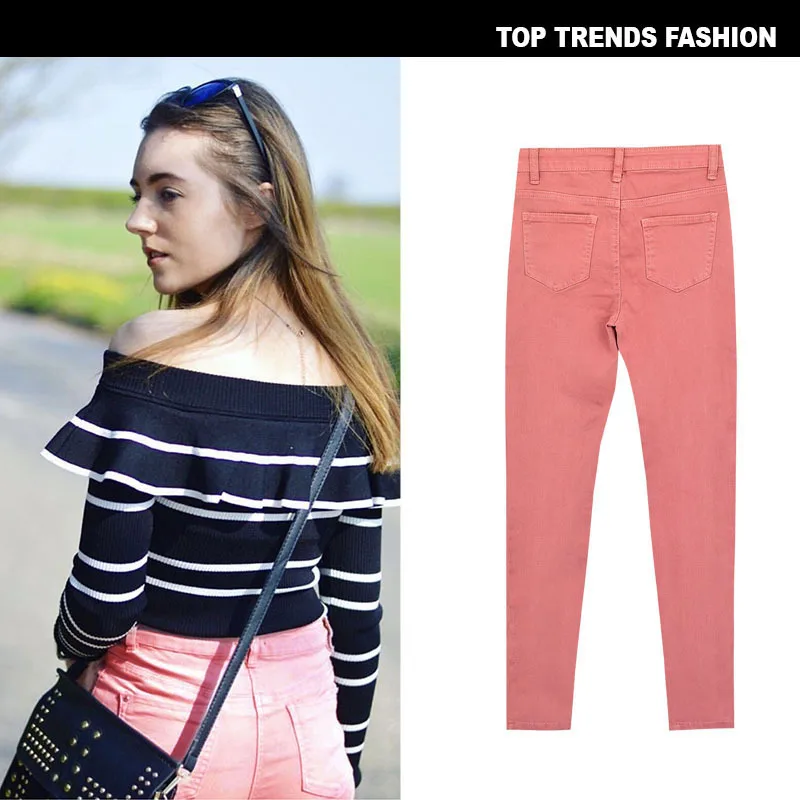 

New women s wear high waist elastic Assout special dyed macaron lotus root powder popular new color Pocket Jeans Street set