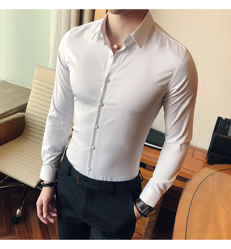 Повседневная рубашка Slim Fit Мужские рубашки бизнес Camisa Masculina с длинным рукавом сплошной цвет черный белый Высокое качество