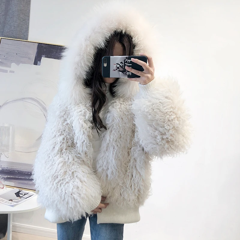 Sheep curls woven fur coat female fox fur collar hooded lamb fur coat long coat 2020 new winter