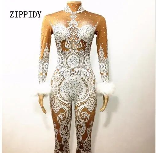 Sparkly Sexy White Lace Nude Rhinestone Female Singer Stage Wear Bodysuit One-piece Costume Glisten Stones Stretch Outfit