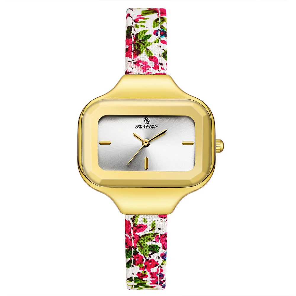

SENORS Crystal Square Women Watch Slim Genuine Leather Bansd Role Gold Ladies Clock Female Gift Simple Casual Style