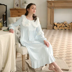 Women Vintage Pure Cotton Spring Night Dress Girl Night gown Sweet Sleepwear