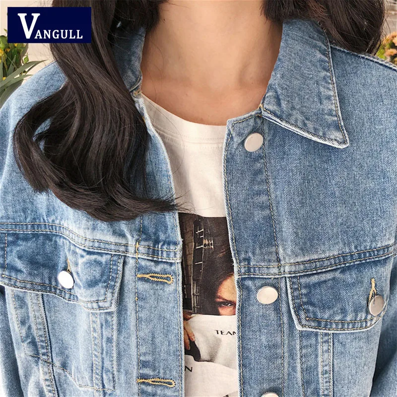 Vangull 2019 однотонная джинсовая куртка с отложным воротником для женщин Свободные