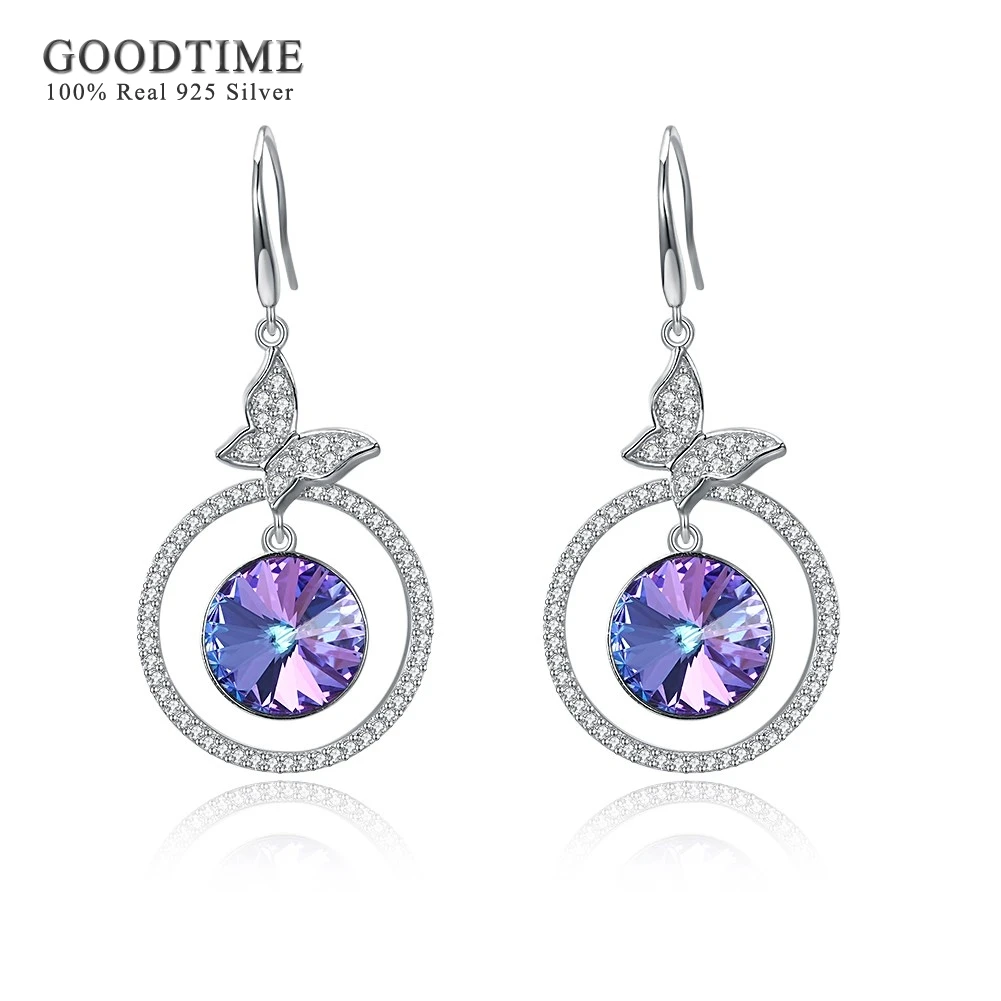 

Earrings 925 Sterling Silver Jewelry Butterfly Dangle Earrings Women Girls Romantic Purple & Green Crystal Drop Earrings Jewelry