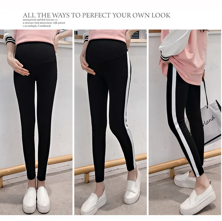 Black Maternity Legging Stripe Casual Elastic Waist Belly Sports Legging Clothes for Pregnant Cotton Women Pregnancy Pencil Pants - Цвет: Black