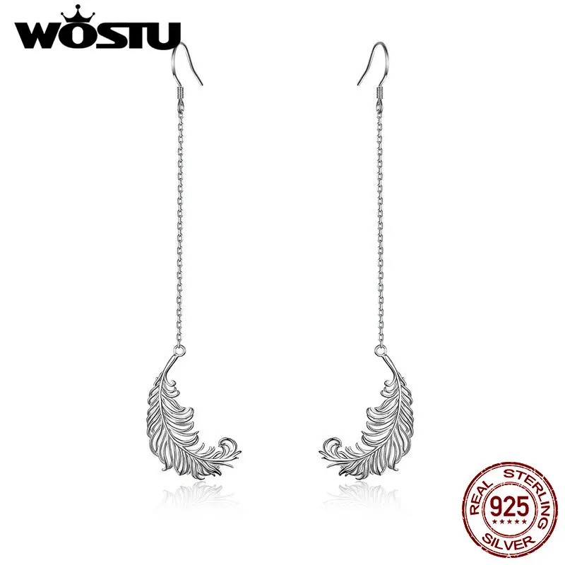 WOSTU 2019 Мода 925 пробы Серебряное перо длинные висячие серьги Классический Стиль