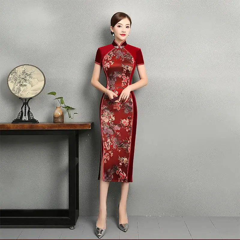 Сексуальное длинное велюровое платье Cheongsam весеннее традиционное платье в китайском стиле женское платье с воротником-стойкой Qipao облегающее вечернее платье Vestido - Цвет: Красный