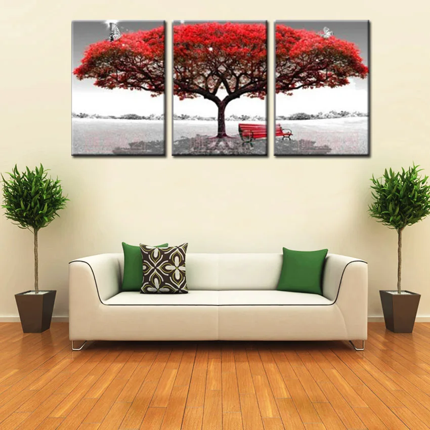 Abstract modern No Frame mural Red Maple Tree big tree Oil Paintings on Canvas 3pcs home Decor Wall Art Paints for living room | Дом и сад