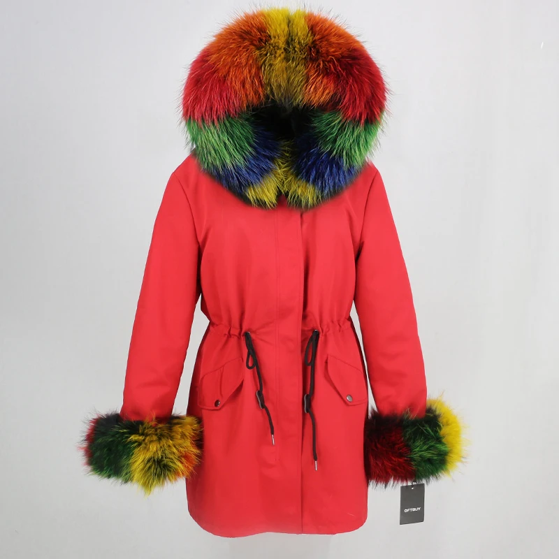 red multi OFTBUY, пальто с натуральным мехом, зимняя куртка, Женская длинная парка, воротник из натурального меха енота, капюшон, Толстая теплая водонепроницаемая верхняя одежда, съемная - Цвет: red multi
