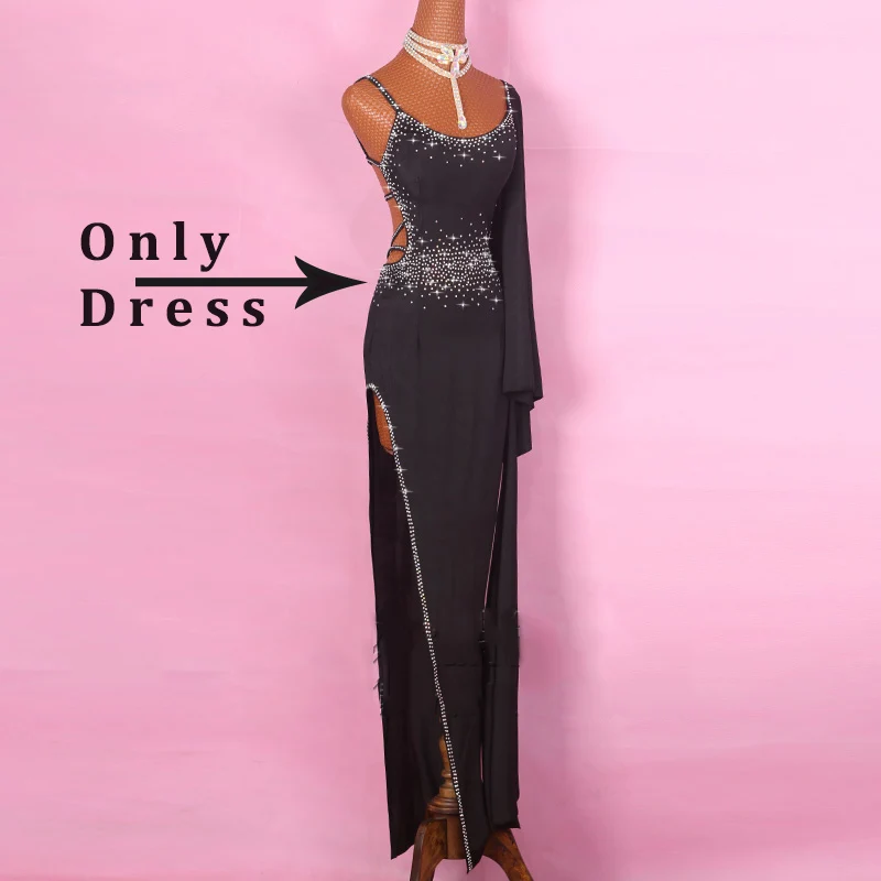 Only Dress Новое высококачественное латинское платье для женщин, Черное длинное платье со стразами, эластичное платье Танго, Бальные Танцевальные соревновательные платья, BL1898 - Цвет: Only Dress