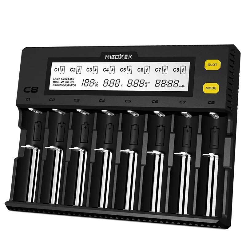 MiBOXER C4 C8 18650 зарядное устройство ЖК дисплей 1.5A для Li Ion LiFePO4 Ni MH Cd 21700 20700 26650 18350 17670