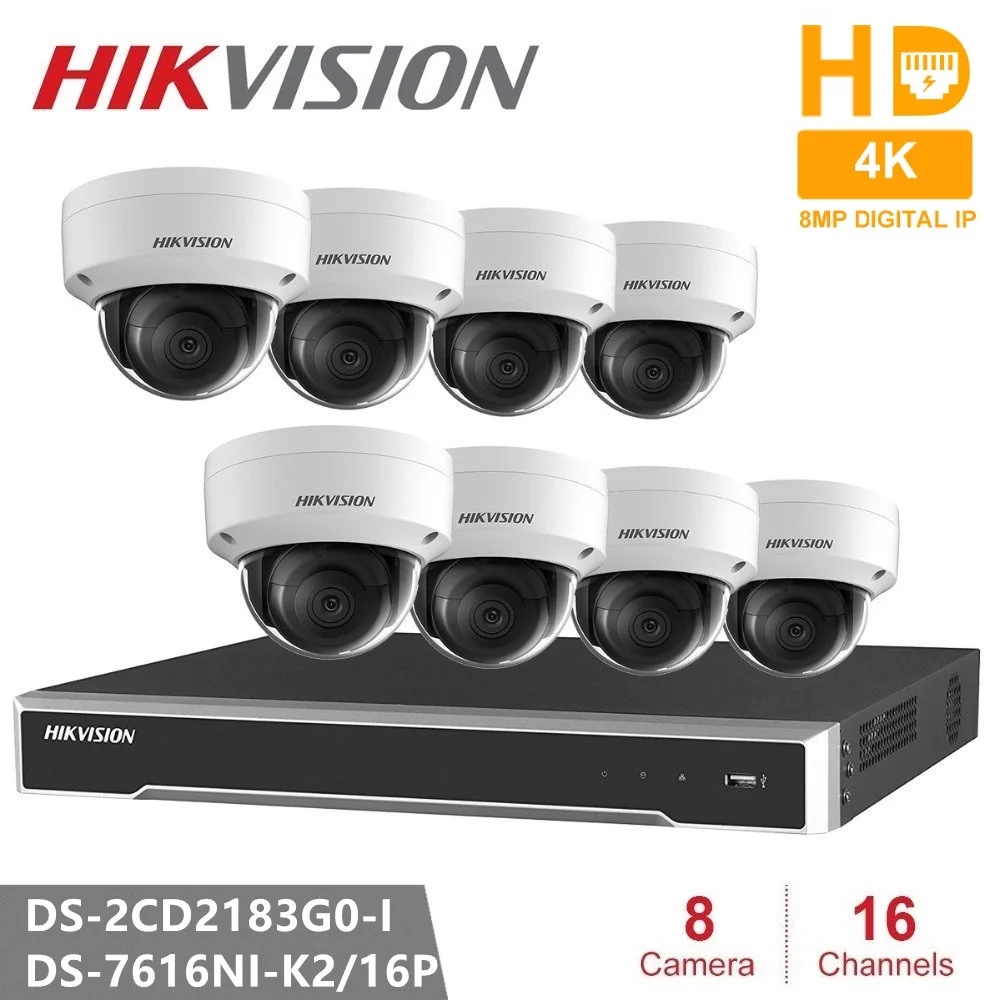 Hikvision комплекты видеонаблюдения встроенный Plug& Play NVR+ DS-2CD2183G0-I 8MP IP камера купольная камера безопасности POE 30 м IR H.265