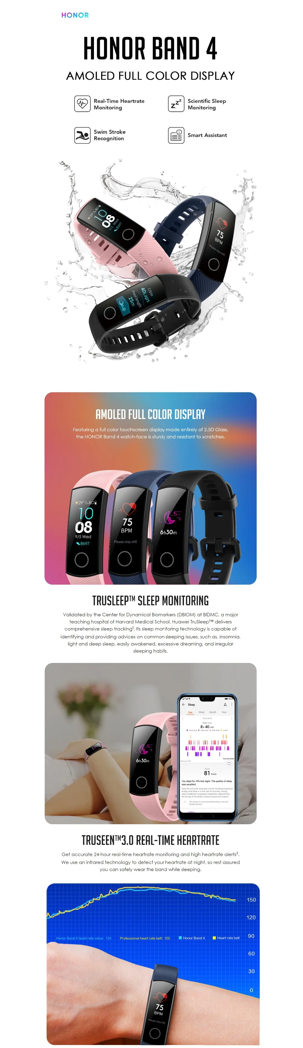 Умный Браслет huawei Honor Band 4, цветной сенсорный экран Amoled 0,95 дюйма, для плавания, 50 м, водонепроницаемый, для обнаружения пульса и сна