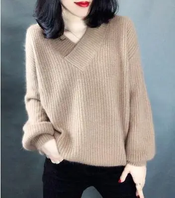 Khaki Кашемировый женский свитер, весна, стиль, свободный, модное, дикое, короткое пальто, свитер, свободный, v-образный вырез, свитер, одноцветная блузка - Цвет: Khaki