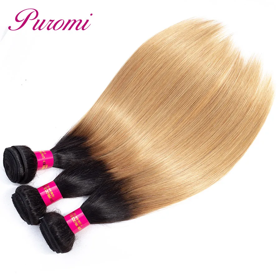 Puromi Ombre Пучки Волос Honey Blonde T1b/27 перуанский 3 Связки прямые волосы человеческих