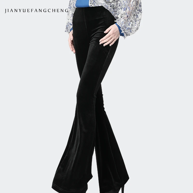 Черный велюр длинные женские брюки с высокой талией эластичные обтягивающие Boot