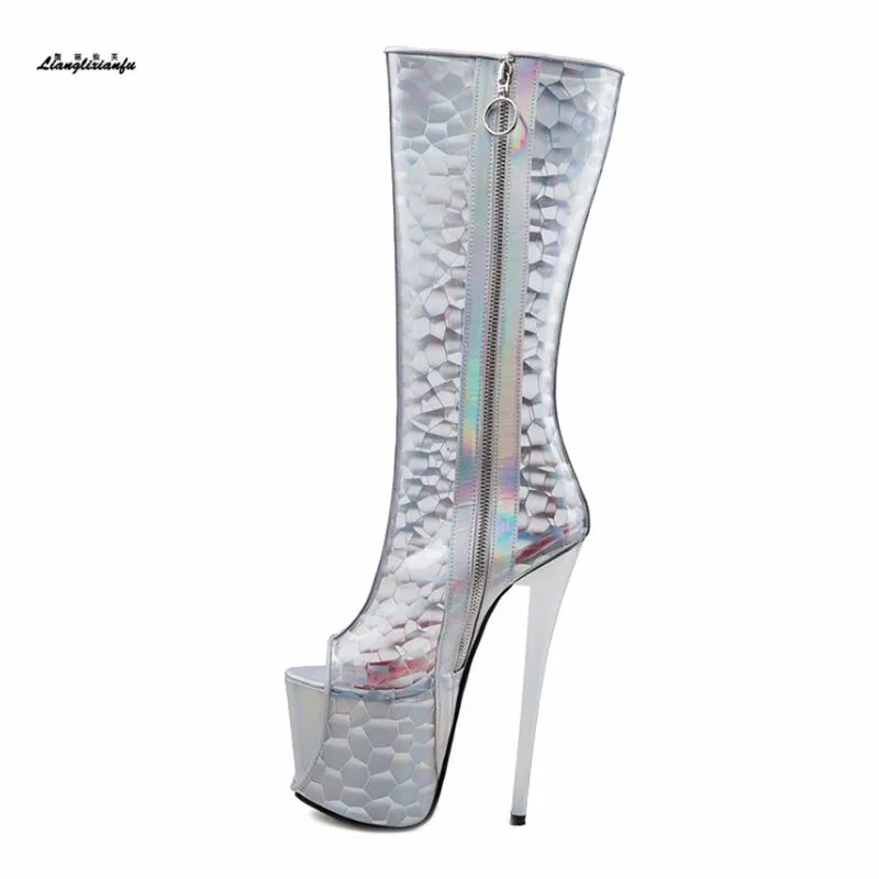 

19cm heels woman High Boots Nightclub Trasparente Coruscate Botas mujer Peep Toe Sexy Lovers' interest boots platform puls:34-47