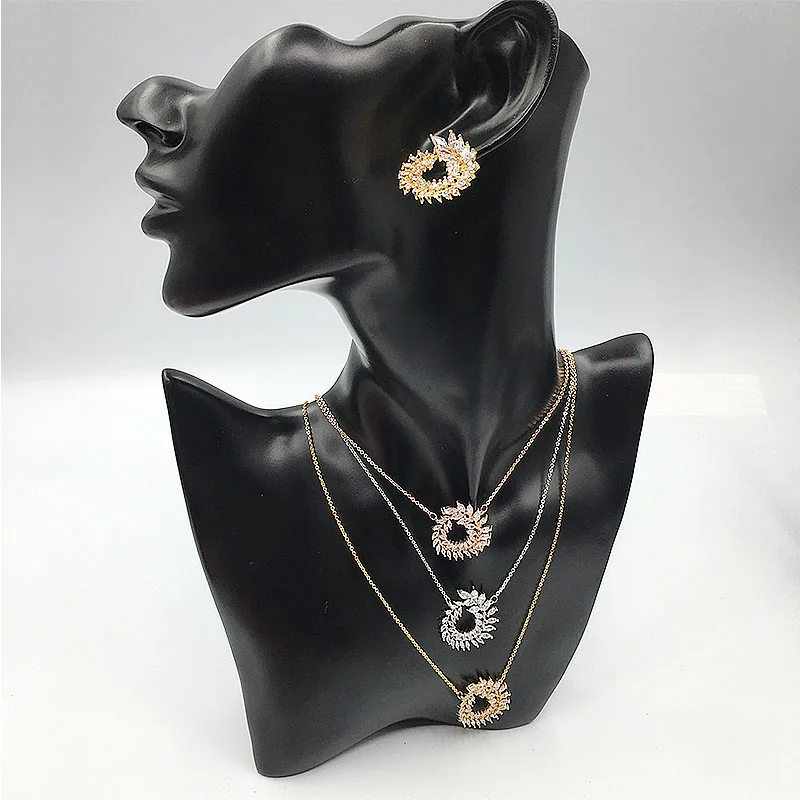 

Nankiya Brilliant Eye Cubic Zirconia Leaf Geometric Shape Classic Necklace and Earring 2pcs Jewelry Set 3 Lines for Star NC240S