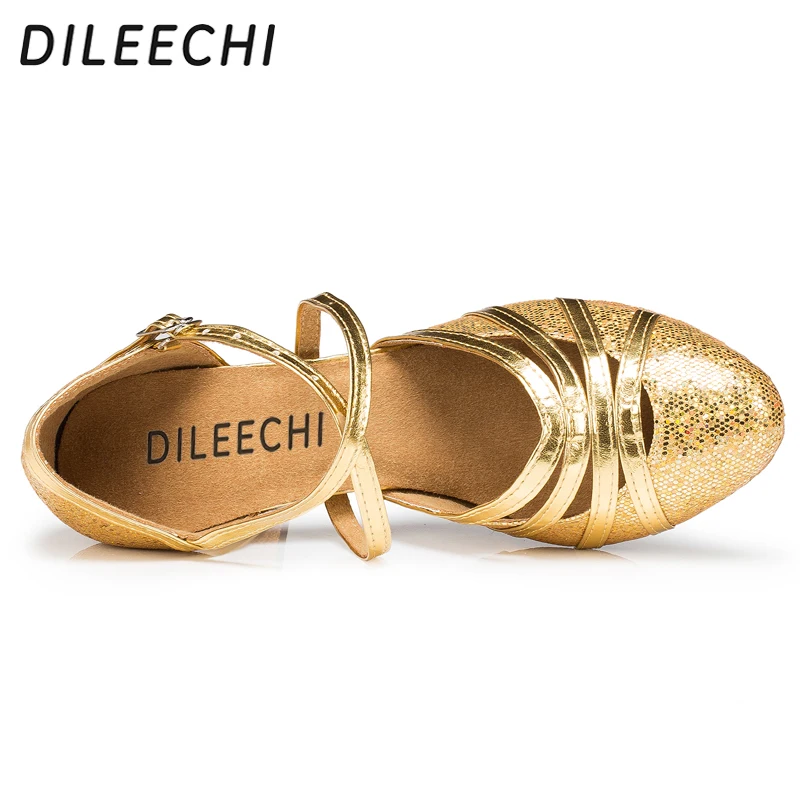 DILEECHI Золотые женские туфли для латиноамериканских танцев на высоких каблуках 8
