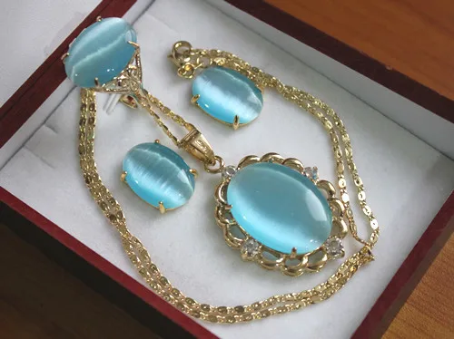 

wholesale elegant 18kgp Inlay sky blue opal pendant necklace earring & ring jewelry