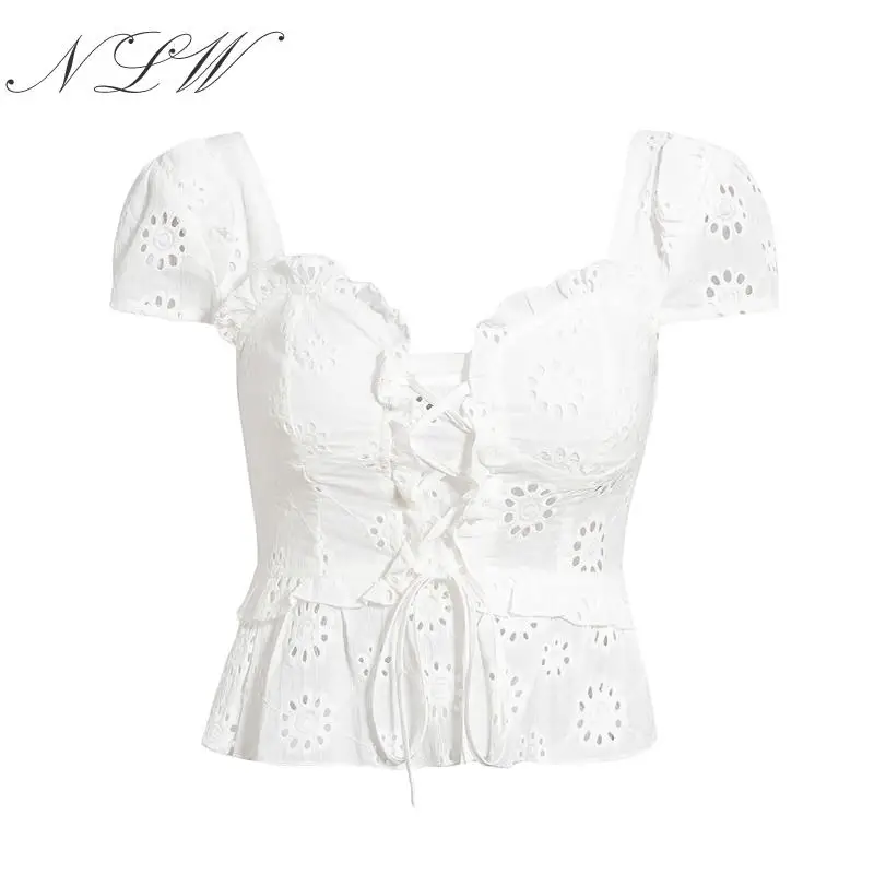 NLW Fashion Embrodiery White Women Crop Tops and Blouse 2019 Summer Casual Ruffle Lace up Shirt Female Sexy Hollow out Blusa |