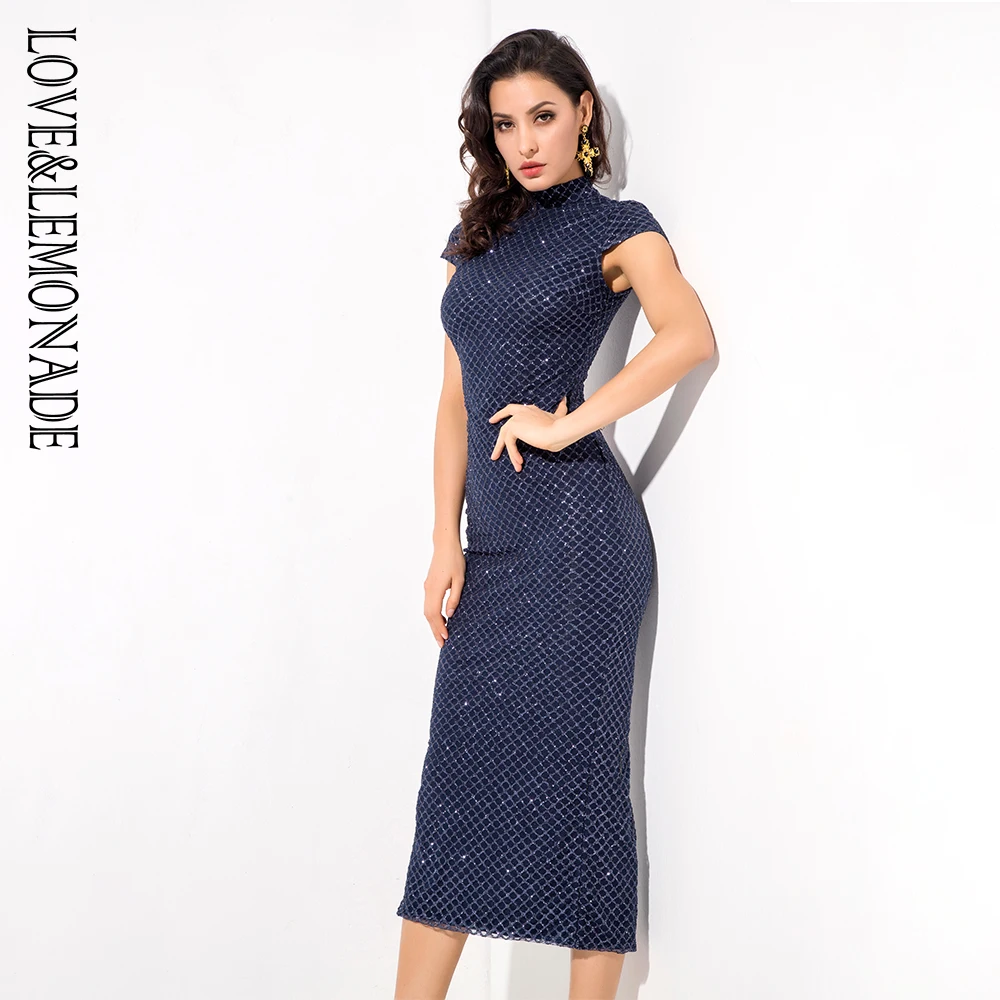 Женское облегающее вечернее платье LOVE & LEMONADE темно синее в клетку со стоячим