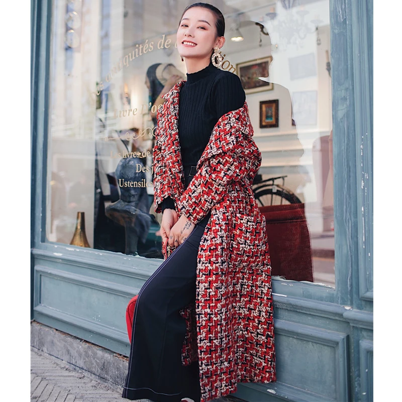 Autumn Winter Female Turn Down Collar Woolen Coat Women Vintage Wool Jacket Lattice Parka Casual Loose X-Long Overcoat Z389