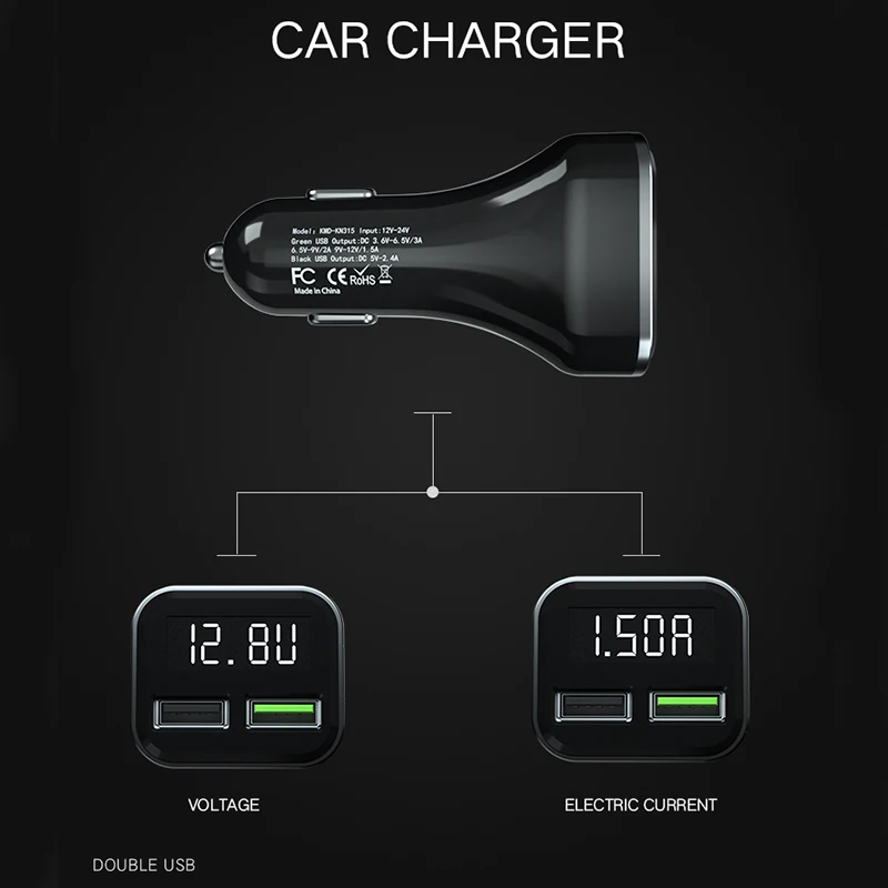 QC3.0 устройство для автомобиля с двумя портами USB Зарядное устройство 2 Порты и разъёмы с светодиодный Дисплей 12-24V гнездо для автомобильного прикуривателя для мобильного телефона планшеты и т. д