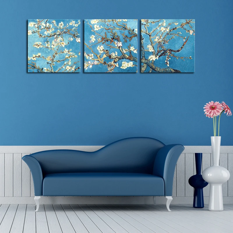 Без рамки 3 панели картины ветви миндаля дерево в цвету Цветок Холст Настенная