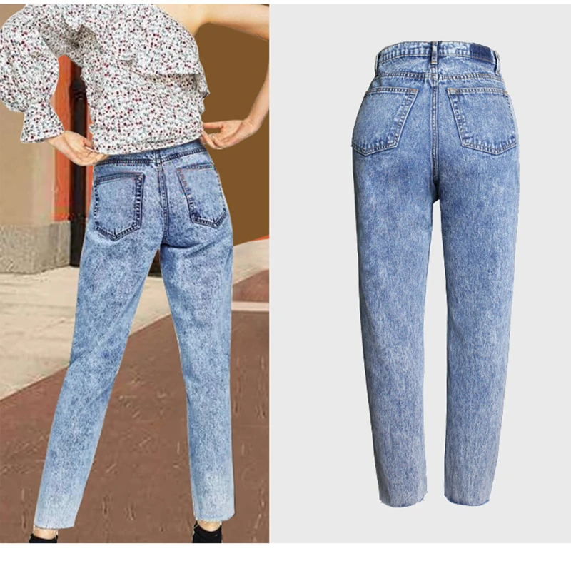 

New Spliced boyfriend jeans for women Snow Wash jeans woman high waist jeans Straight Loose denim pants Ankle-Length Pants