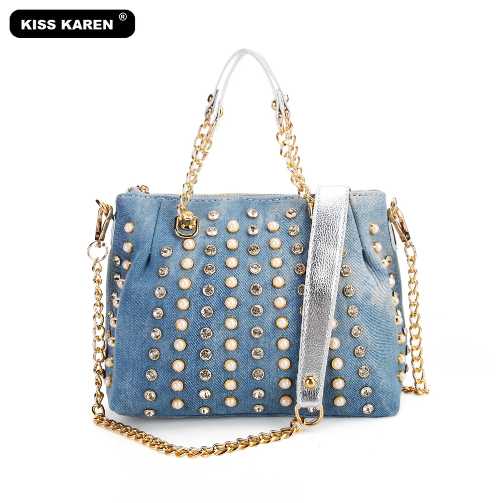 KISS KAREN Роскошные для женщин кошелек мода джинсовые сумки Diamond Studs повседневное Tote